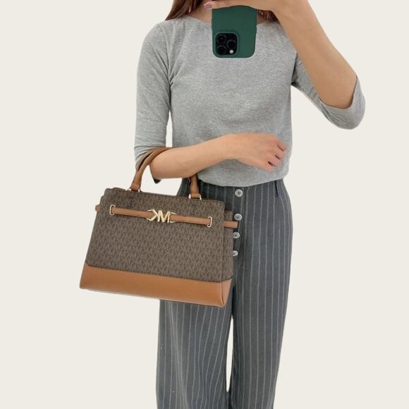 Michael Kors 35S3G6RS3B Reed Large Logo Satchel IN BROWN - Picture 1 of 6
